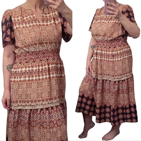 Isabel & Nina Navy Blue Red Multi Printed Short Sleeve Midi Tiered Dress Large - Picture 1 of 14